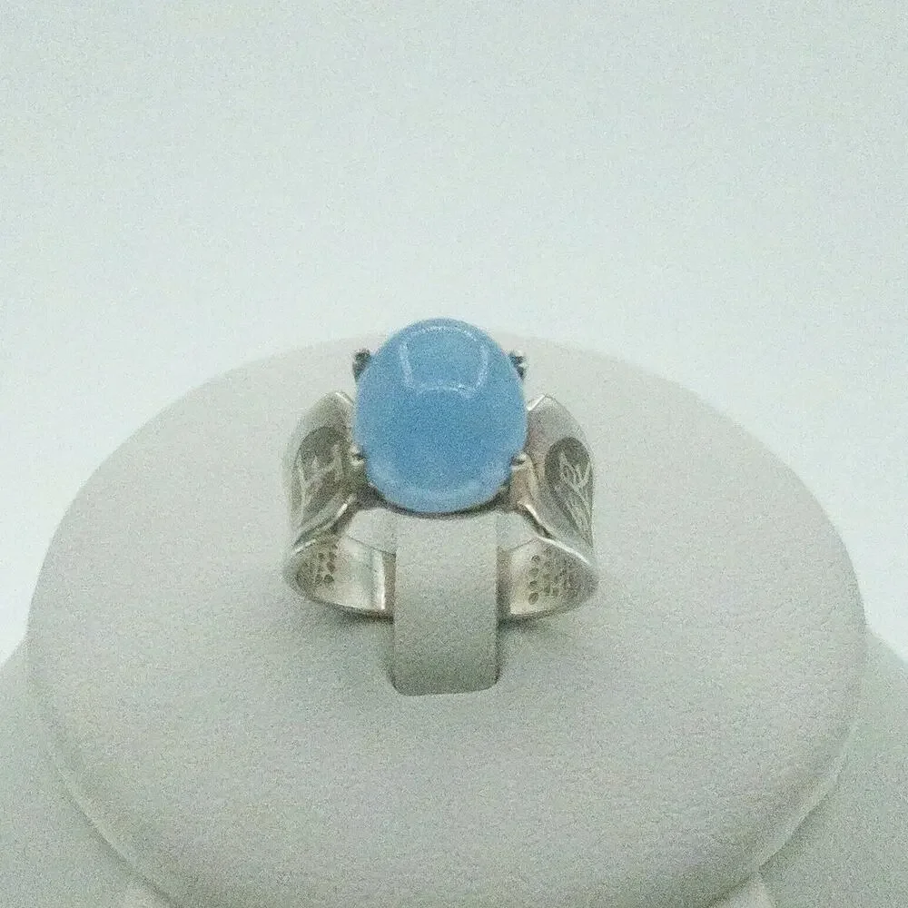 Sterling Silver 925 Blue Jade Cabochon Ring Size 7 Chinese Symbols